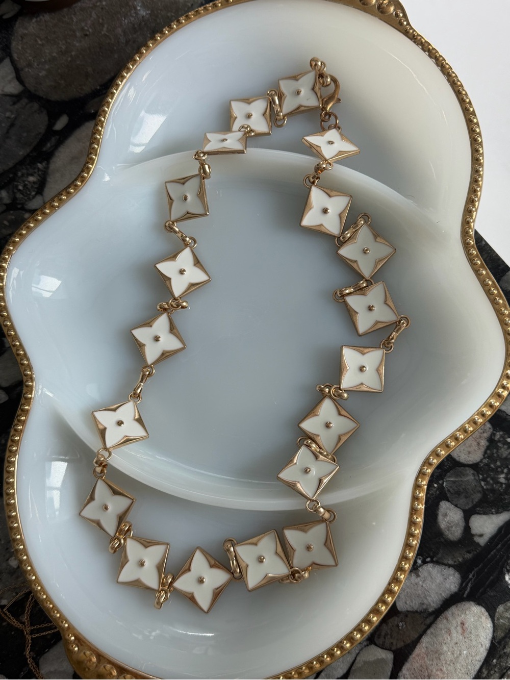 Women's White Enamel Statement Necklace - Gold Trim